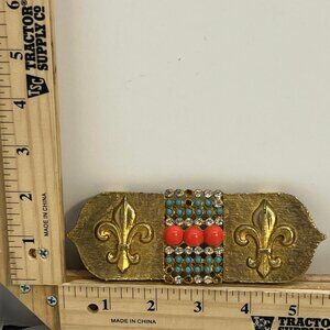 Vintage Gold Fleur de Lis Multicolor Rhinestone Stretch Belt Buckle Turquoise